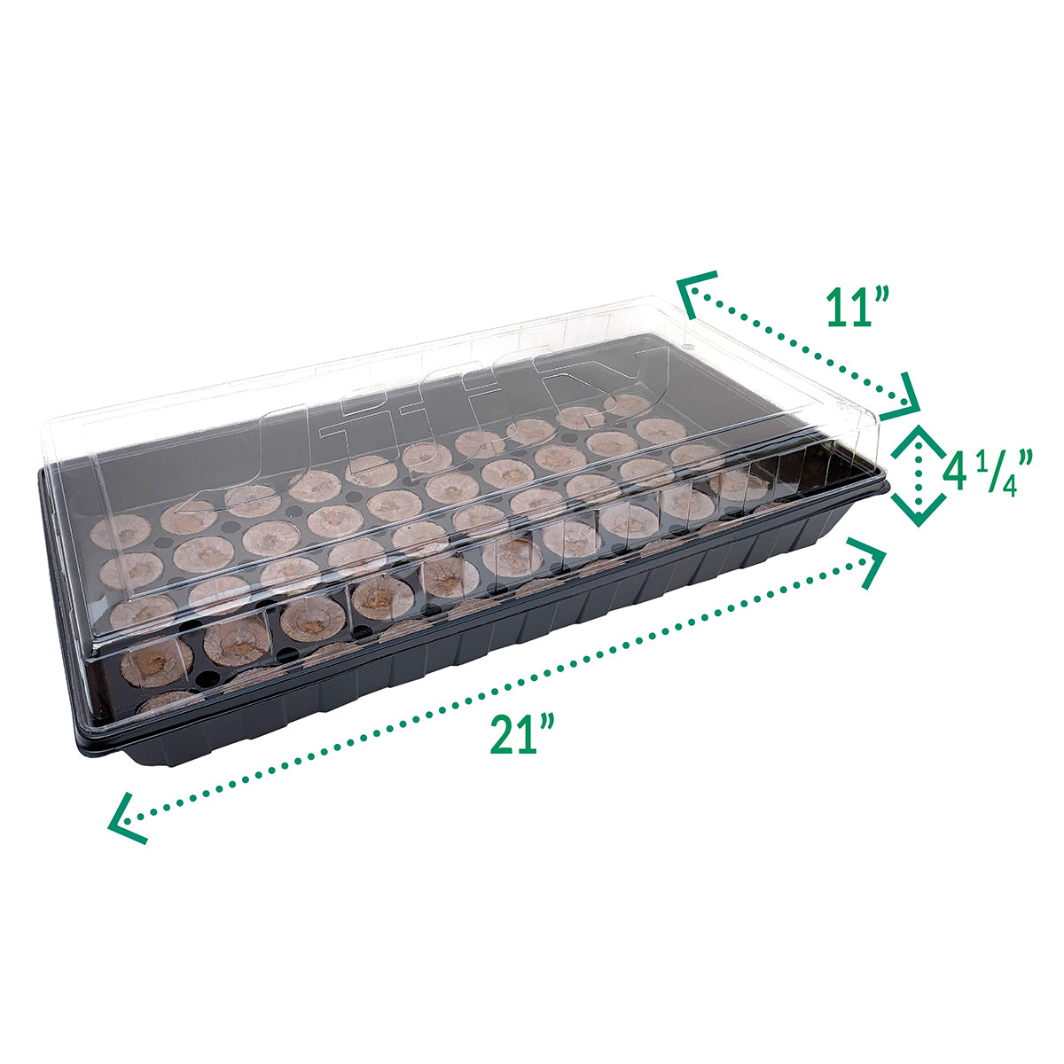 Jiffy brand seed starting greenhouse kit packaging featuring a tray with 50 peat pellets for starting plants